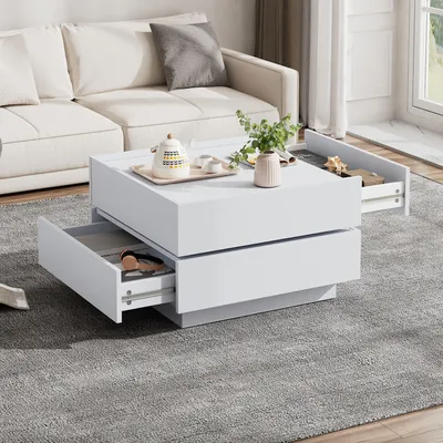 Image de okwish Table basse fonctionnelle, plateau rotatif 360°, 2 niveaux avec rangement, cadre en noyer pour salon – 60x60x38 cm, blanc