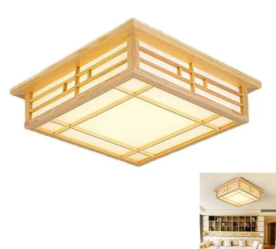 Produktbild von Deckenleuchten, Holz Deckenleuchte LED – Massivholz Lampe mit Pergamentimitat, Insekten- & Korrosionsschutz, Warmes Licht, 35×35 cm