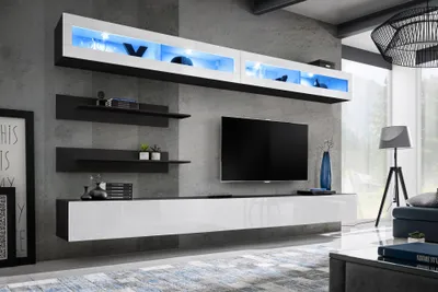 Produktbild von Wohnwand FL-I2, 320x180x40cm, inkl. LED-Beleuchtung, Hochglanz, Farbe Schwarz-Weiß Hochglanz