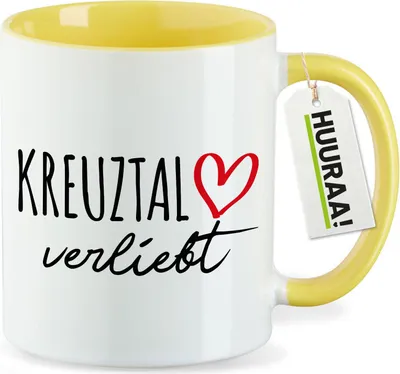 Produktbild von Huuraa Kaffeetasse Kreuztal verliebt 330ml Gelb Keramik Kaffeebecher Geschenkidee