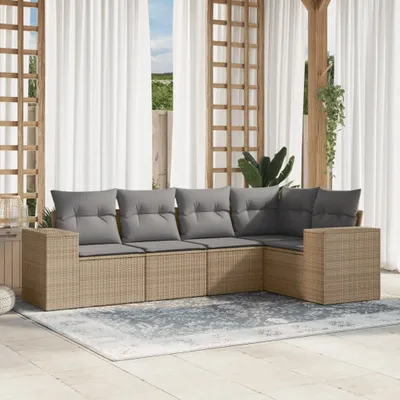 Produktbild von Design 5-tlg. Garten-Sofagarnitur mit Kissen Beige Poly Rattan, Gartenmöbel-Sets 2024 Neu