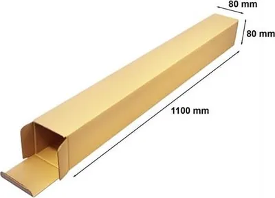 A long, golden cardboard tube box with one end open, shown diagonally against a white background. Dimensions are indicated with text.
