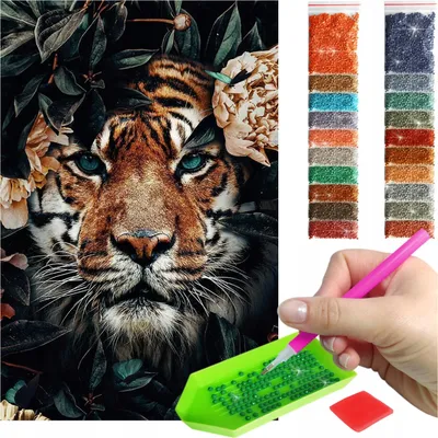 Produktbild von ARTULIO Diamond Painting Set - Mächtiger Tiger zwischen Blüten - 60 x 40 cm - Groß XXL - Diamant Painting, Home Wand Deko