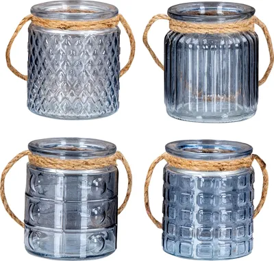 Produktbild von 4er Set Windlicht H10cm Glas Blau Grau Teelichthalter Tischdeko Kerzen Deko Retro Kerzenhalter Rauchblau Flachs