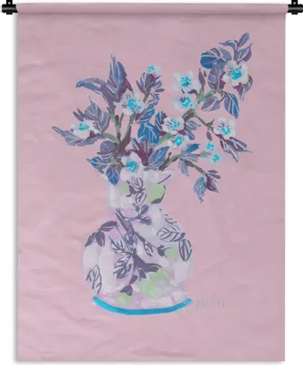 Produktbild von MuchoWow® Wandteppich Wandbehang Blumen - Vase - Rosa - Pflanzen 150x200 cm Tapisserie Dekoration Wandtuch - Wandaufhängung - Moderner