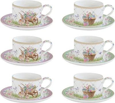 Produktbild von 6er Set Tassen mit Untertasse SPRING BLOOM Hasen und Blumen 240ml Easy Life
