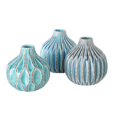 Produktbild von Vase im 3er Set im Shabby Chic Look aus Keramik Blumenvase Tischdekoration für Blumen und Trockenblumen Dekoratives Design   Blau