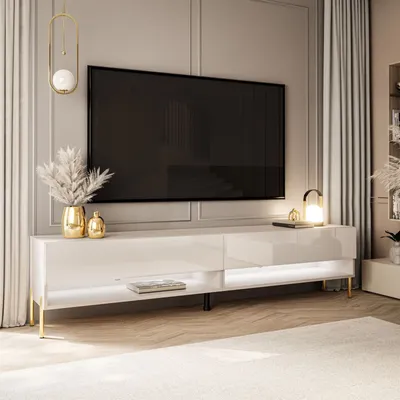Obrázek produktu pro RTV skříň CALANTE 180 cm na nožkách s LED osvětlením kašmír / kašmír vysoký lesk rovné zlaté chromové nožky