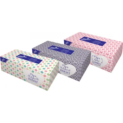 Three boxes of facial tissues with different patterns and messages.
