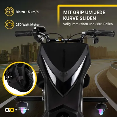 Produktbild von Kinder Elektro Drift Trike | Drift Scooter - Drift Cart - Bis zu 15km/h - LED Driftrollen 360° - Hupe - 3 Geschwindigkeitsstufen (Schwarz)