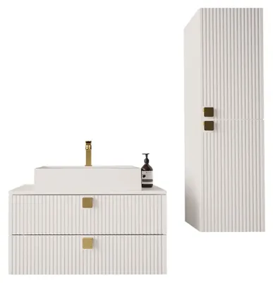 Produktbild von MIRJAN24 Badmöbel-Set Gariano III mit Siphon, Waschbecken, Badezimmerschrank, Waschbeckenschrank, Griffe aus Metall in der Farbe Gold (Farbe: Weiß)