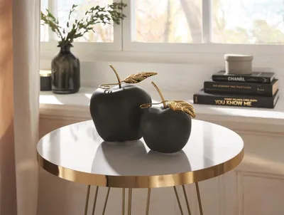 Produktbild von Apfel "Black" aus Porzellan, matt schwarz + gold, 11 + 14 cm hoch, Dekofigur, Tischdeko, Dekoobst