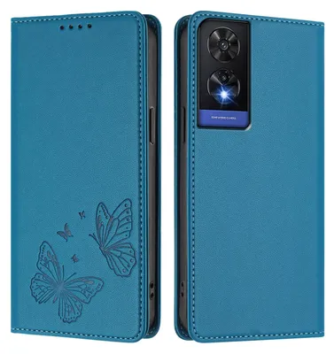 Produktbild von Lederhülle für TCL 505, Schmetterling Prägung Leder Brieftasche Schutzhülle mit Ständer Blau