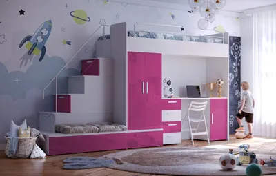 Produktbild von Etagenbett FELIX 5, Hochglanz Kinderbett, Hochbett, MIT Matratze und Lattenrost (Weiß + Rosa, Glanz)