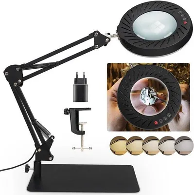 Immagine prodotto di Lampada d'ingrandimento Unyqoos® 10x con lente in vetro ottico, braccio regolabile, base da tavolo e morsetto, 5 temperature di colore, 10 livelli di luminosità – ideale per lavori di precisione e lettura