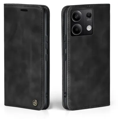 A black flip case for a smartphone, shown from the front and back.