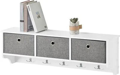 Image de Support mural en bois blanc-gris 100 x 20 x 30 cm pour suspendre des vêtements