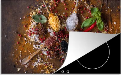 Produktbild von KitchenYeah© Herdabdeckplatte Gewürze - Kräuter - Löffel - Salz - Braun - Küche , 89x51cm, Küche Deko, Glaskeramikkochfeld Herdabdeckung, Abdeckplatte fùr Kochfeld