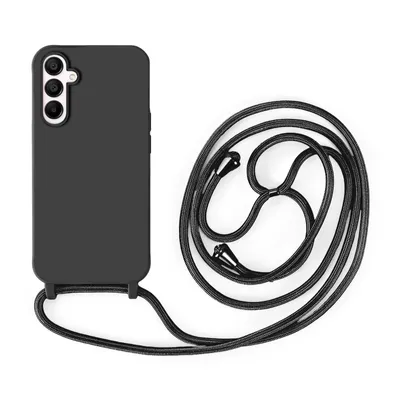 A black smartphone case with a black lanyard is displayed on a white background.