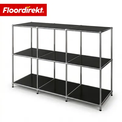 Image de Étagère métallique Floordirekt Concept Epure MK-018, L 116 × P 40 × H 82 cm, noire, buffet et meuble bas avec 3 étagères ouvertes, structure en métal chromé