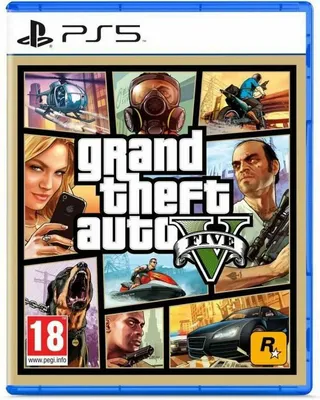 Collage of scenes from Grand Theft Auto V video game on a PlayStation 5 case.