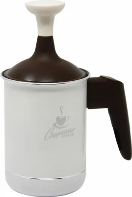 A white milk frother with a brown lid and handle, featuring a small coffee cup logo and text.