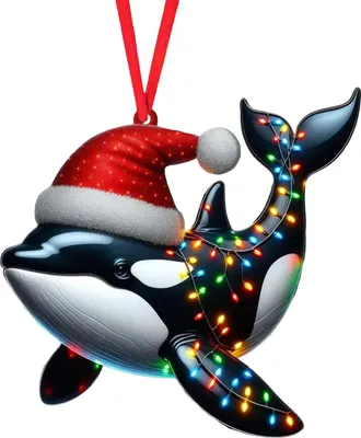 Produktbild von Weihnachtsbaumschmuck, flacher 2D-Acryllöwe mit Weihnachtsmannmütze, Anhänger zum Aufhängen mit Seil