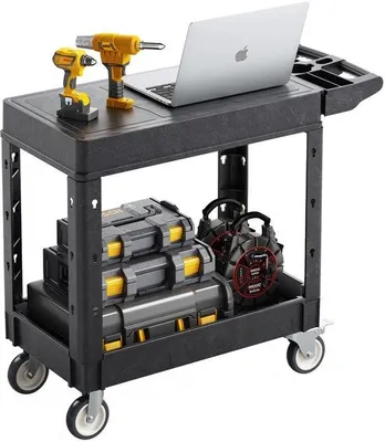 Obrázok produktu pre Univerzálny transportný vozík, nosnosť 258 kg, rozmer 80 x 45 cm. Servisný vozík, dvojposchodový, vyrobený z odolného plastu, s 360° otočnými kolieskami (2 s brzdami)