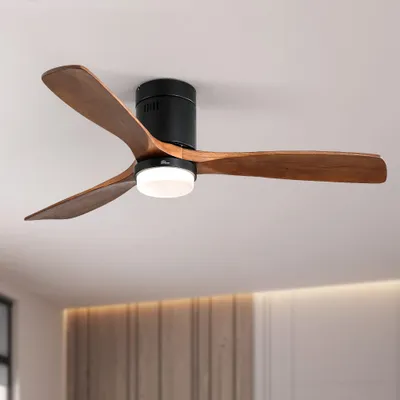 A modern ceiling fan with wooden blades and an integrated LED light, mounted on a white ceiling.