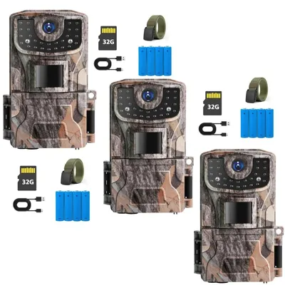 Image de Caméra de chasse 2K 36 MP avec vision nocturne, écran HD 2,0 pouces, étanche IP66, avec détecteur de mouvement, caméra de surveillance animalière, carte de 32 Go incluse (lot de 3)