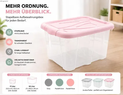 Produktbild von Aufbewahrungsbox mit Deckel 30 Liter Rosa – Stapelbare Kunststoffbox