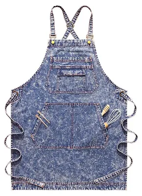 Produktbild von Arbeitskleidung für den Außenbereich, Jeans-Arbeitsschürze mit Taschen, gekreuzten Trägern und verstellbarem Design; geeignet für Restaurants