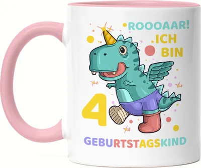 Produktbild von Roooaarr Ich Bin 4 Tasse Rosa Dinosaurier Dino T-Rex Geburtstag Kindergeburtstag