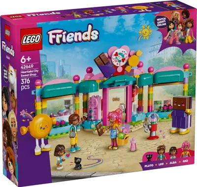 Productafbeelding van LEGO Friends Zoetwarenwinkel in Heartlake City, speelset voor meisjes vanaf 6 jaar, met rollenspellen, 2 minipoppen, een microfiguur en een kat. Artikelnummer: 42649