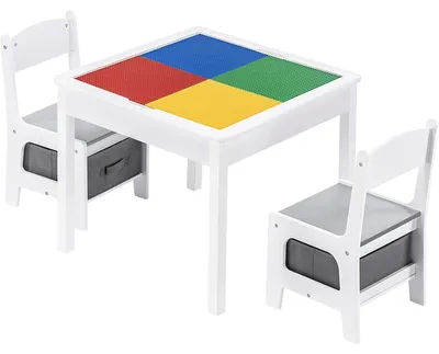 Immagine prodotto di Tavolo per bambini con 2 sedie, utilizzabile da entrambi i lati, set in legno per l'apprendimento, il disegno, la scrittura e la costruzione con elementi simili ai mattoncini LEGO – BIANCO/GRIGIO
