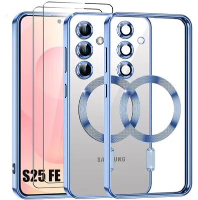Image de Coque + 2 Verres Trempés pour Samsung Galaxy S25 FE, Silicone Souple avec Cercle Magnétique Protection Caméra - Bleu