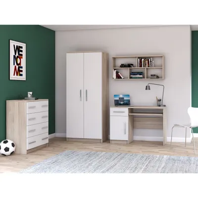 Produktbild von Kinderzimmer-Set 4-teilig Schrank Wandregal Kommode Schreibtisch Sonoma Eiche/Weiß mit Alufarbiegen Griffen OMEGA III