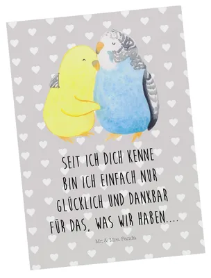Produktbild von Mr. & Mrs. Panda Postkarte Wellensittich Liebe - Grau Pastell - Geschenk, Grußkarte, Postkarten, Verknallt, Umarmung, Ansichtskarte, Fotokarte, Beziehung, Vögel, Freundin