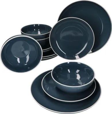 Produktbild von 12tlg. Teller Set Linus blau 4 Personen Steingut Teller klein & groß Bowl-Schale