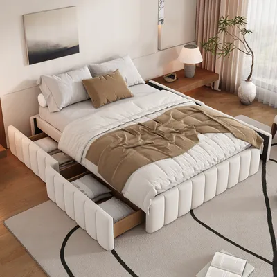 A modern bedroom with a bed featuring storage drawers.