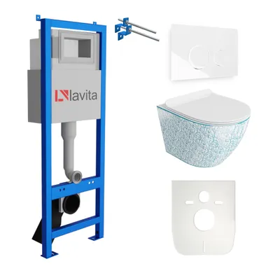 Produktbild von Lavita LAV 101 Vorwandelement für WC 40cm + Wand Hänge Tiefspül WC SOFI SLIM KRESZ Weiß/Blau Spülrandlos + Bedienplatte LAV 200.4.1 Weiß  | Komplettset | Unterputz Spülkasten | Toilette Komplett Sett
