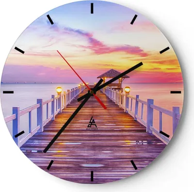 Produktbild von Wanduhr - Rund - Glasuhr - Sonnenuntergang Wasser Brücke Horizont - 40x40cm - Schleichendes Uhrwerk - Lautlos - zum Aufhängen bereit - Dekoration Modern - Wanddekoration aus Glas - C3AR40x40-2515