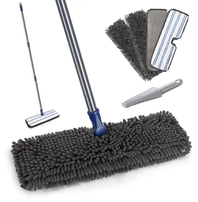 Zdjęcie produktu dla Mop dwufunkcyjny Masthome z mikrofibry, z obrotową głowicą, płaski mop do sprzątania z 4 wymiennymi, nadającymi się do prania nakładkami