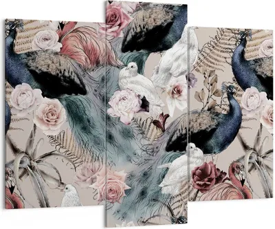 Produktbild von Bild auf Leinwand - Leinwandbild - 3 Teile - Pfauen Squab Flamingos - 130x100cm - Wand Bild - Wanddeko - Wandbilder - Leinwanddruck - Bilder - Wanddekoration - Leinwand bilder - CB130x100-4890