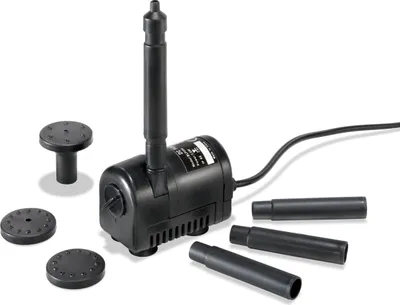 A black submersible pump with various attachments is displayed on a white background.