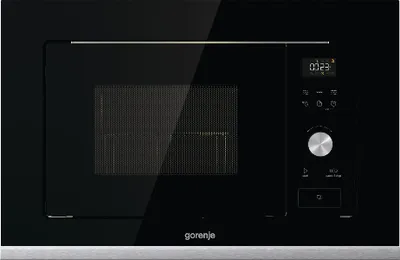 A black Gorenje built-in microwave with a silver control panel and dial.