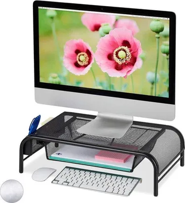 Zdjęcie produktu dla Stojak na monitor z pojemnikiem do przechowywania i 2 półkami – 29 cali – 75 x 51 x 295 cm – czarny