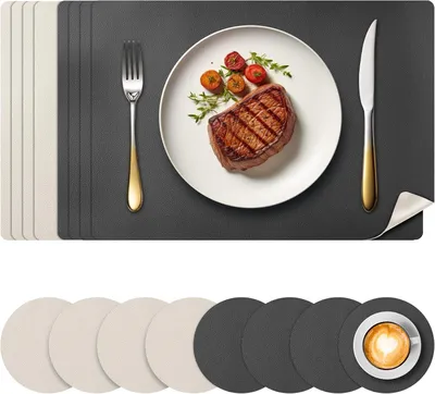 Produktbild von 8-teiliges Set Tischsets aus Leder und Untersetzern, abwaschbare Platzsets, doppelseitig wasserdicht, hitzebeständig und rutschfest, in Grau-Beige