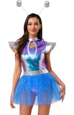 Produktbild von Damen Space Girl Kostüm Metallic Gr. XXL mit Tüllrock & Alien Kopfschmuck – Astronautin Weltraum Fasching Karneval Halloween Party
