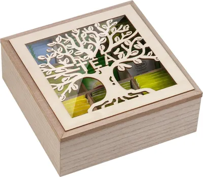 Theebox aus Holz, 9 Fächer, mit Glaseinsicht, 23,5 x 23,5 cm